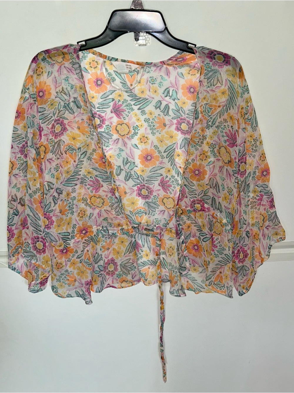 LC Lauren Conrad Floral Sheer Tie-Front Blouse /cover up- Pink, Yellow, Green